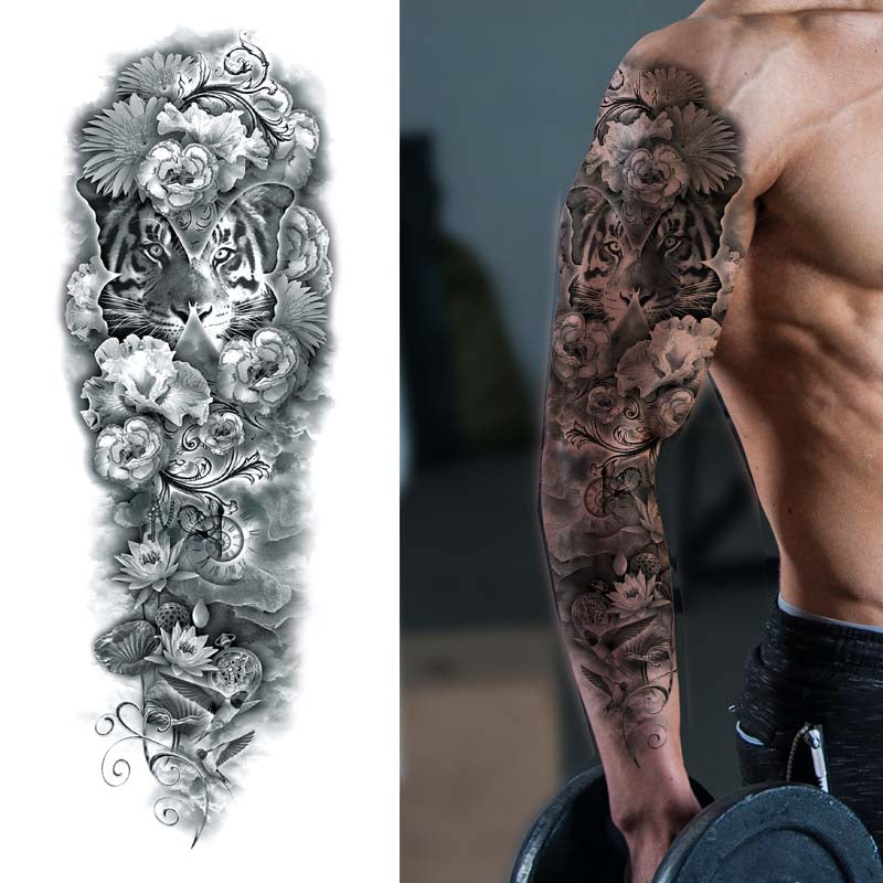Tiger Flower Clock Sleeve Tattoo